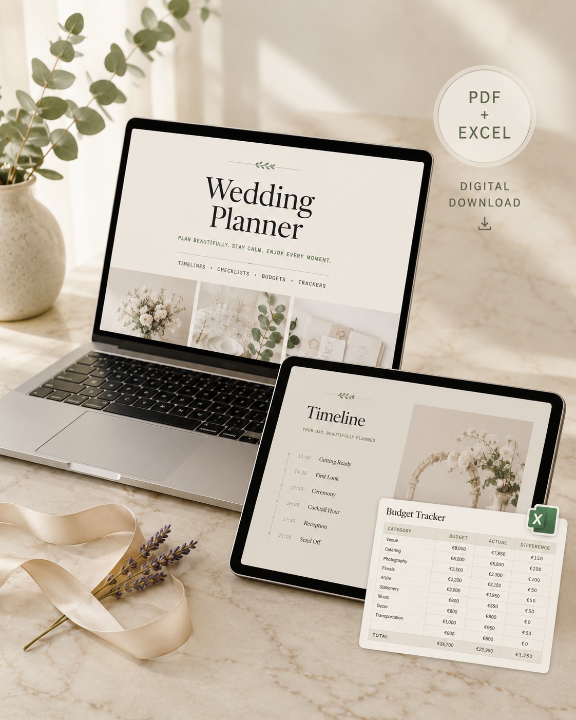 The Master Wedding Planner shown on laptop and iPad, with Budget Tracker Excel sheet — beside eucalyptus, lavender, and silk ribbon on a marble surface