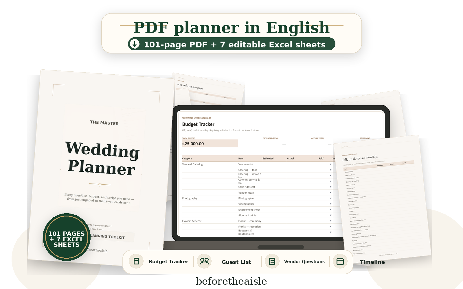 English wedding planner PDF and Excel sheets product preview
