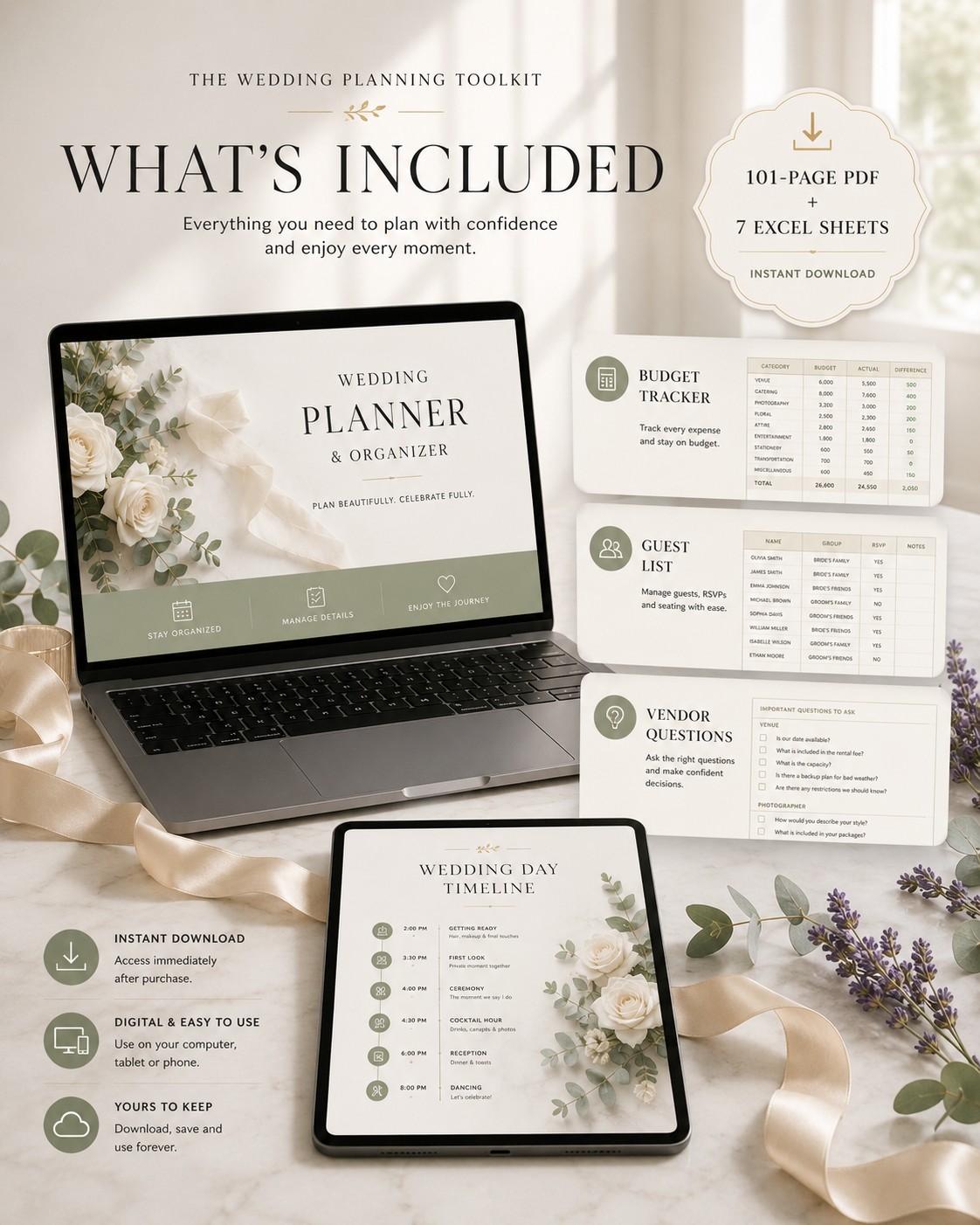 What's included — 101-page PDF planner + 7 Excel sheets shown on laptop and iPad with Budget Tracker, Guest List, Vendor Questions, and Wedding Day Timeline previews